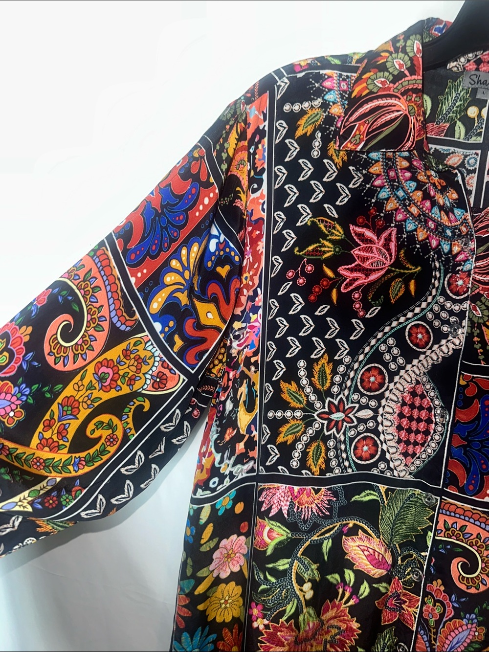 Shana Black Patchwork Paisley Button-Front Shirt with Bright Floral Accents - Picture 3 of 7
